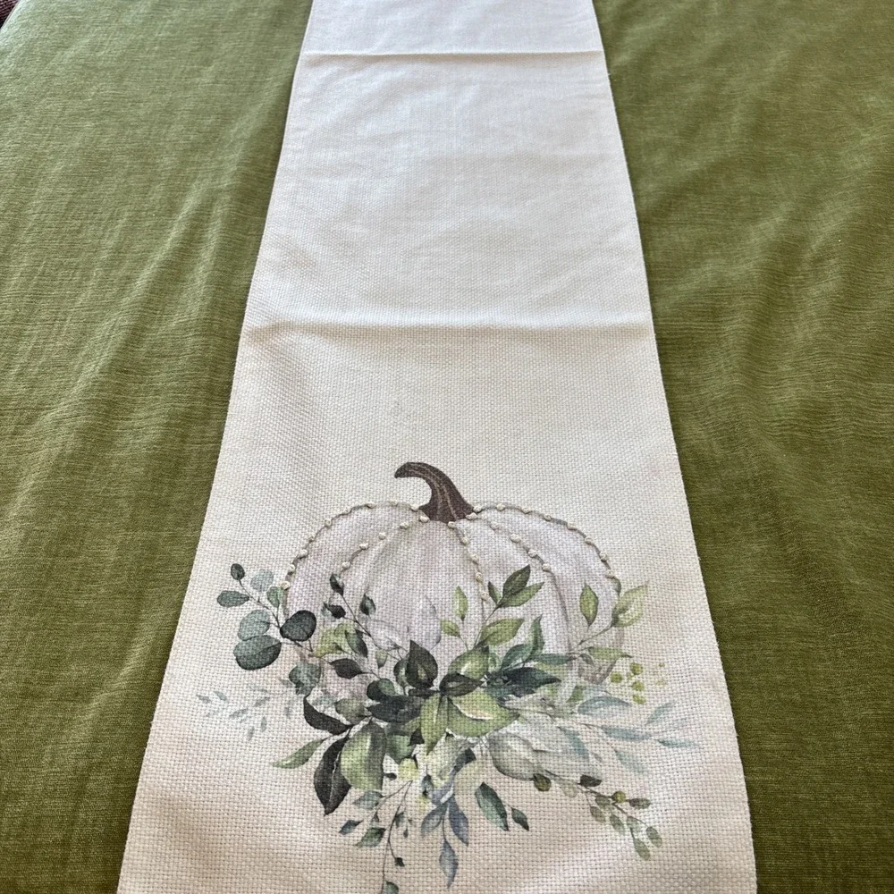 Autumn Hill Harvest Runner White Linen Burlap Gourd Modern Farmhouse 13.5x73